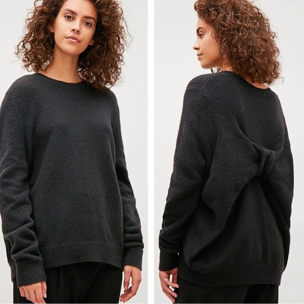 NEW COS Bow Detail Dark Grey Oversized Relaxed Fit Merino Wool Crew Sweater Top